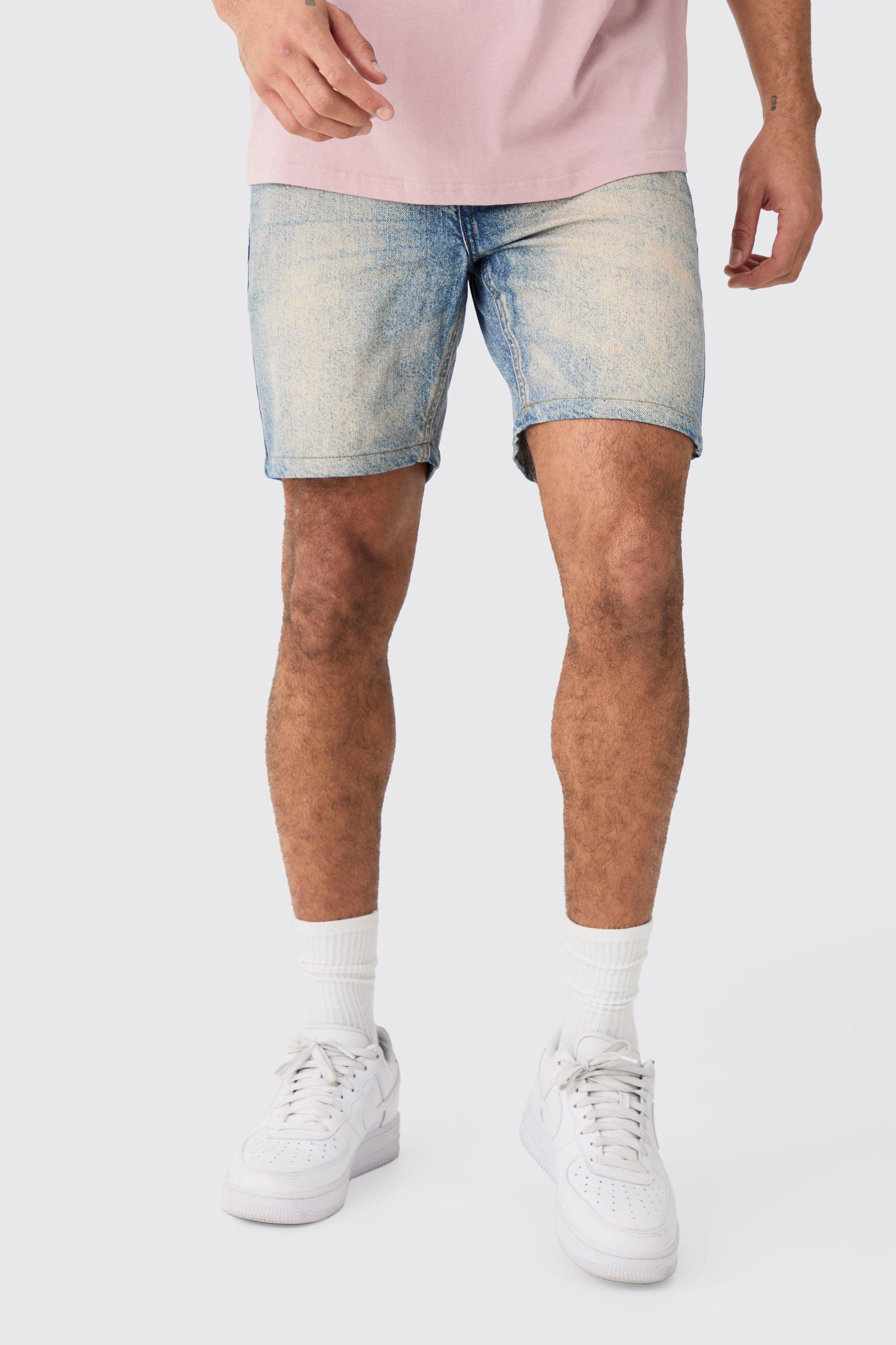 Mens Slim Rigid Denim Shorts In Vintage Blue, Blue